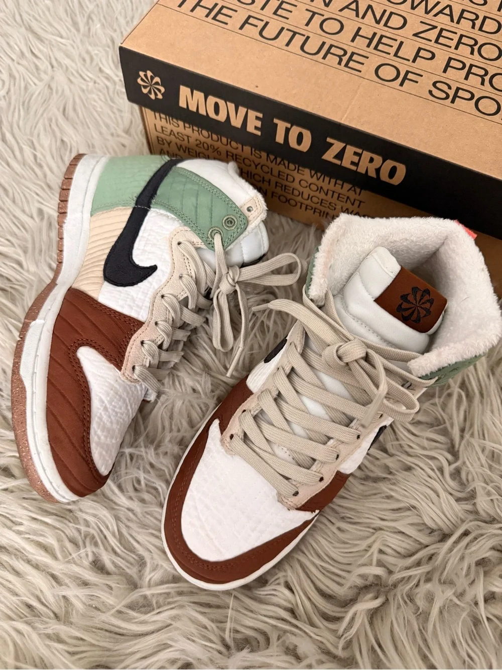 Nike High-Top Dunks in Green, Brown, Cream with Black Swoosh